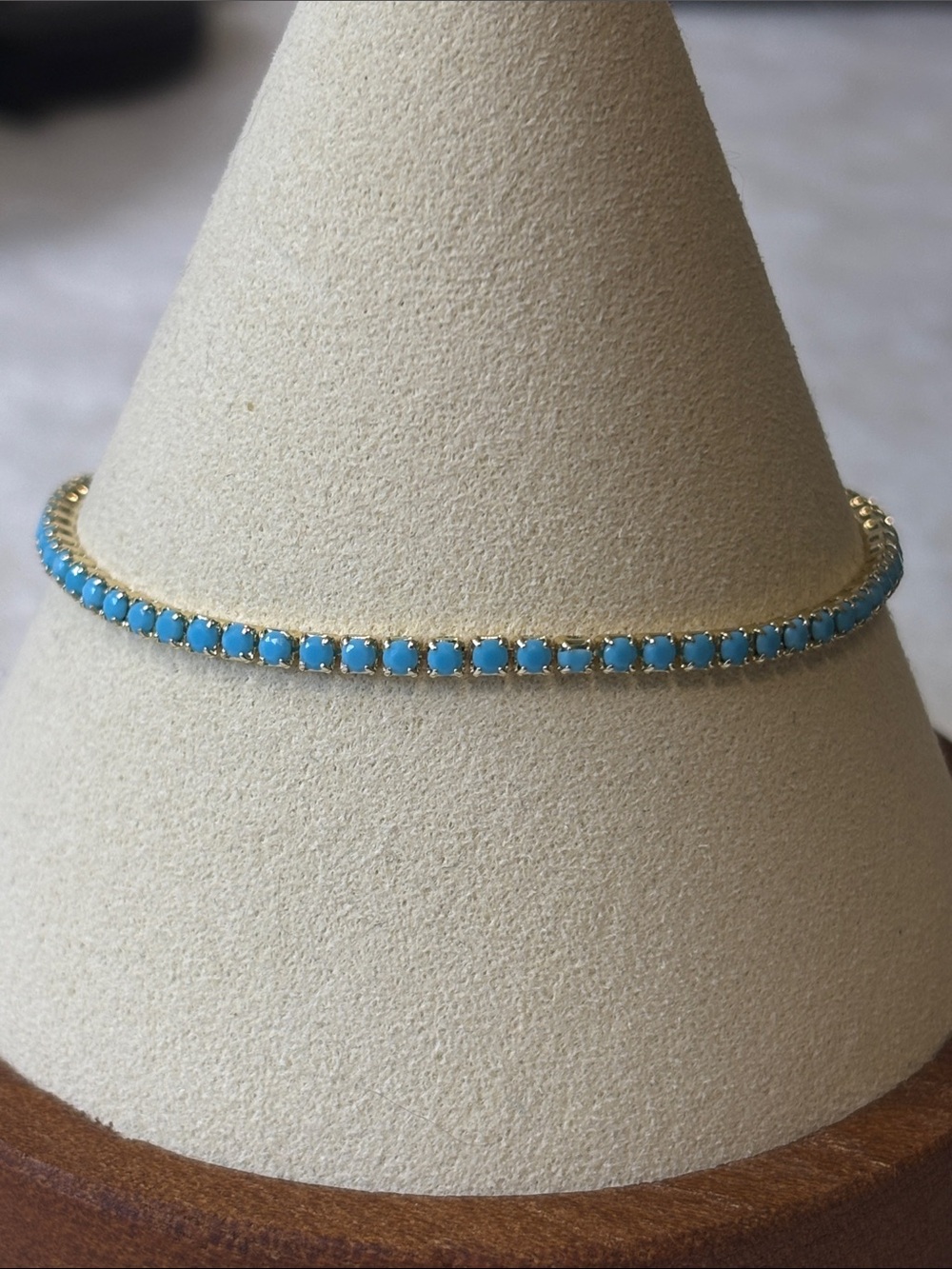Turquoise colored tennis bracelet 18k yellow gold plated removable extender